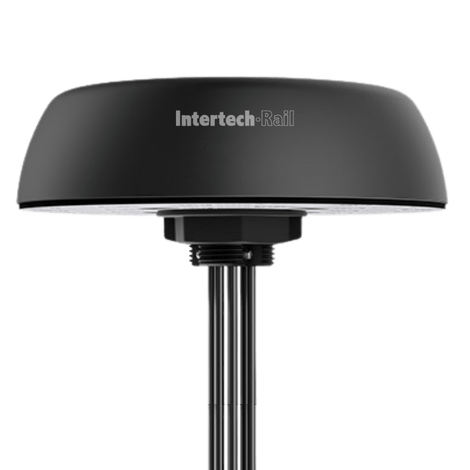 Black Intertech-Rail GPS antenna atop a silver pole.
