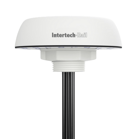 White Intertech-Rail GPS antenna with black cable extending downwards; on a white background.