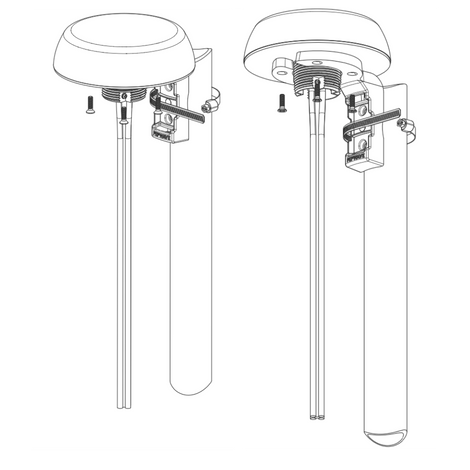 Two diagrams showing the assembly of a sensor with mounting bracket, screws, and a cylindrical post.
