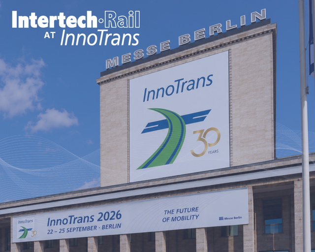 InnoTrans 2026 signage on a building, with Intertech Rail branding and “Berlin” visible against a blue sky