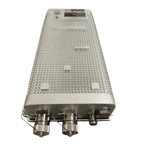 Silver Intertek device with connectors, likely for wireless communication.