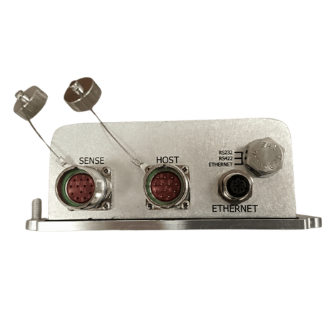 Silver electronic device with three circular connectors labeled 