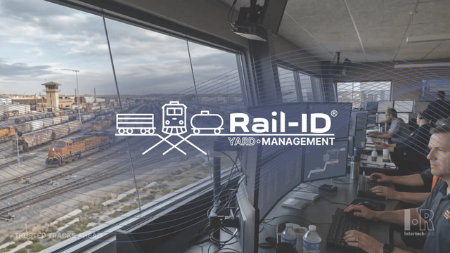 Rail-ID Yard Management logo over a rail yard control room with operators and train tracks outside