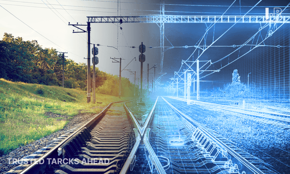 Railway tracks split into left and blue digital right, symbolizing transit and technology integration