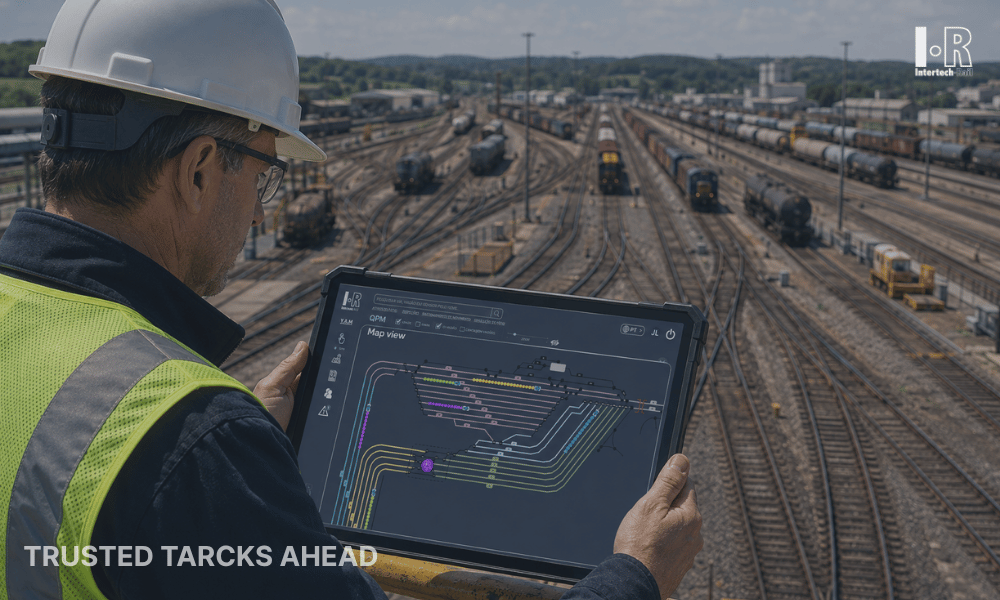 Worker in hard hat viewing rail control tablet over a busy rail yard at sunset