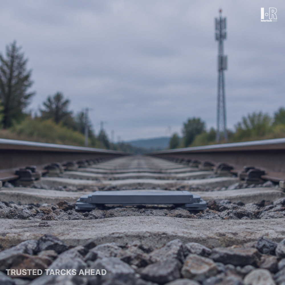 Intertech Rail balise mounted between the rails with a radio communication antenna in the background