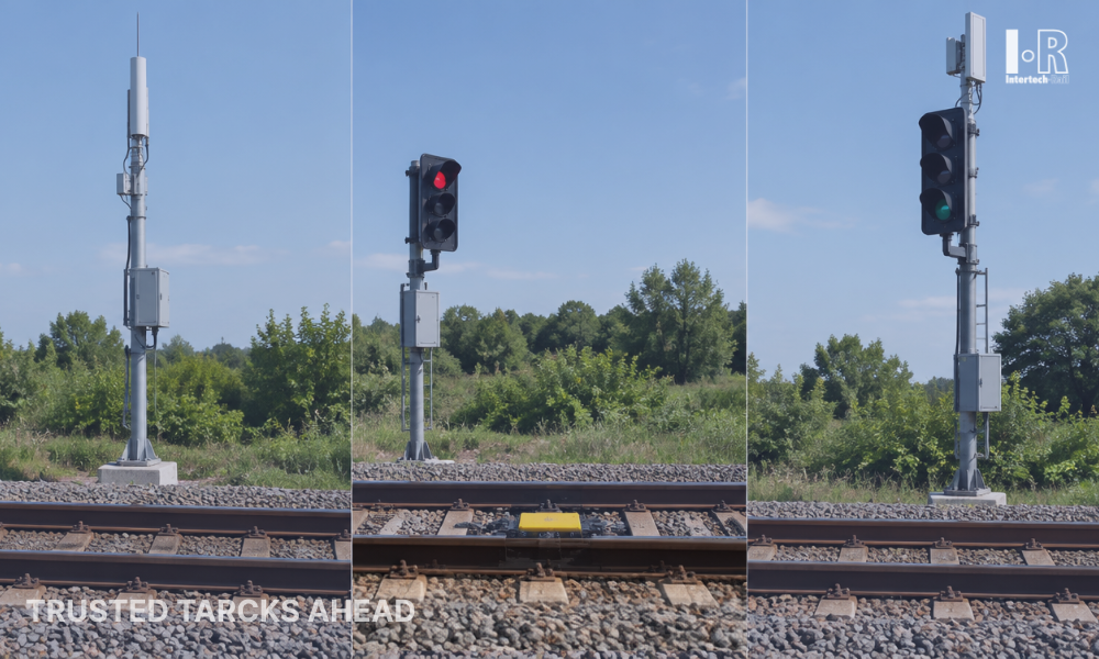 Intertech Rail illustration comparing CBTC, ETCS, and PTC train control equipment along the same railway line