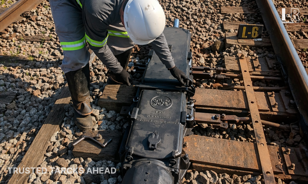 Rail workers inspecting a trackside switch machine beside railroad tracks.