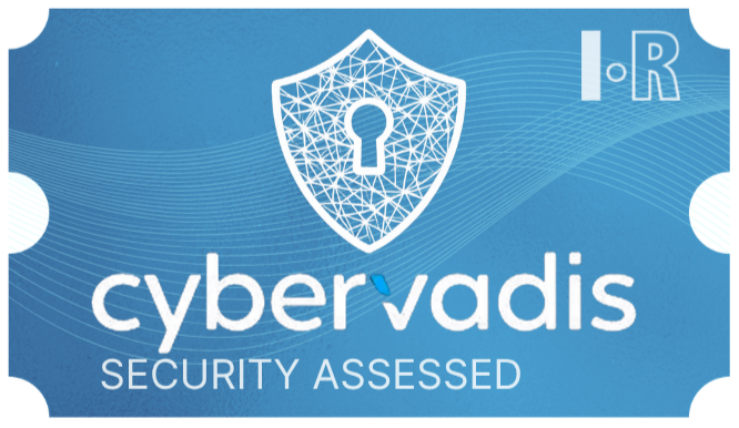 Blue “cybervadis” security assessed badge with shield-and-keyhole icon and IR logo