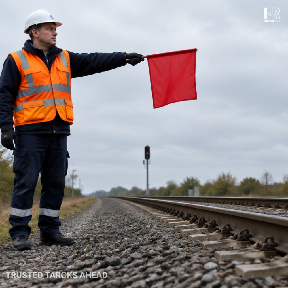 Intertech Rail worker giving a manual hand signal with a red flag beside the railway track during degraded mode operations