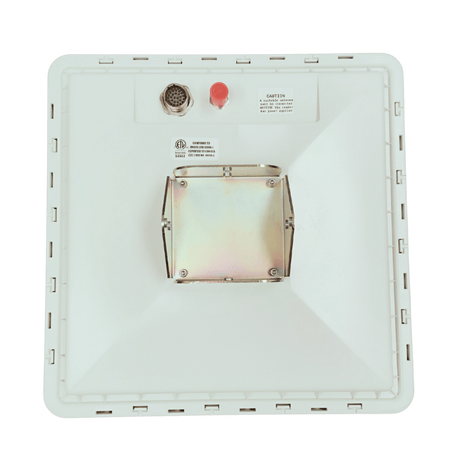 A square white panel antenna with a central metal mounting bracket, a circular connector, and a small red cap.