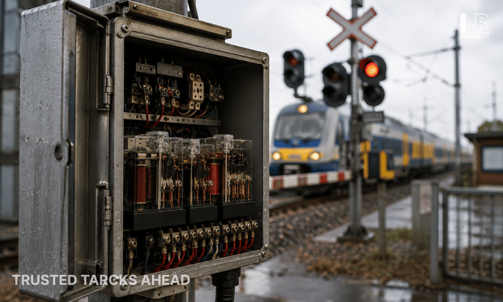 Fail-safe relay system preventing train accidents through signaling safety logic.