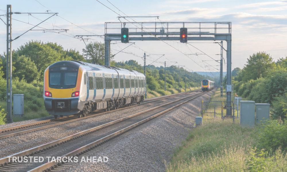 Passenger train on rural tracks passing under a signal gantry, with green and red lights visible.