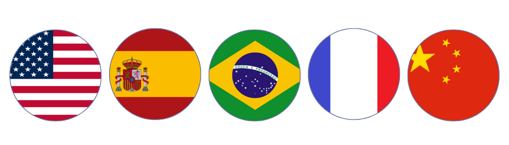 Flags of the United States, Spain, Brazil, France, and China in circular form.