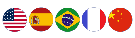 Flags of the United States, Spain, Brazil, France, and China in circular form.