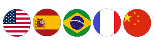 Flags of the United States, Spain, Brazil, France, and China in circular form.