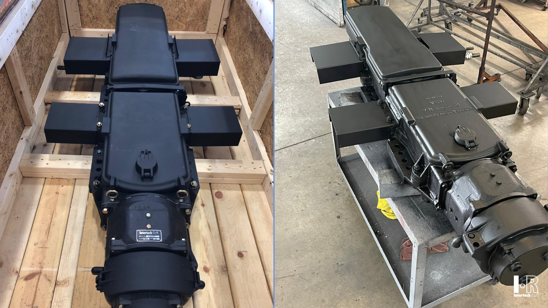 Two IR5G switch machines by Intertech Rail, side by side on pallets in a workshop-like setting