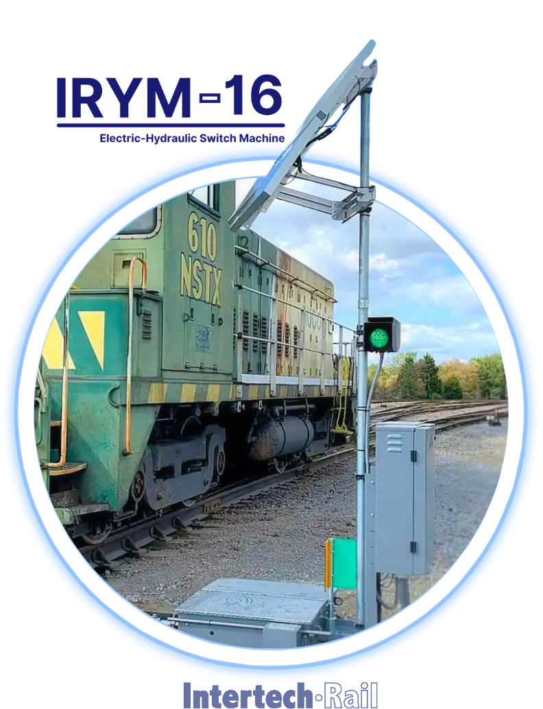 IRYM-16 rail machine by a track with a green signal, shown inside a circular logo with Intertech Rail branding