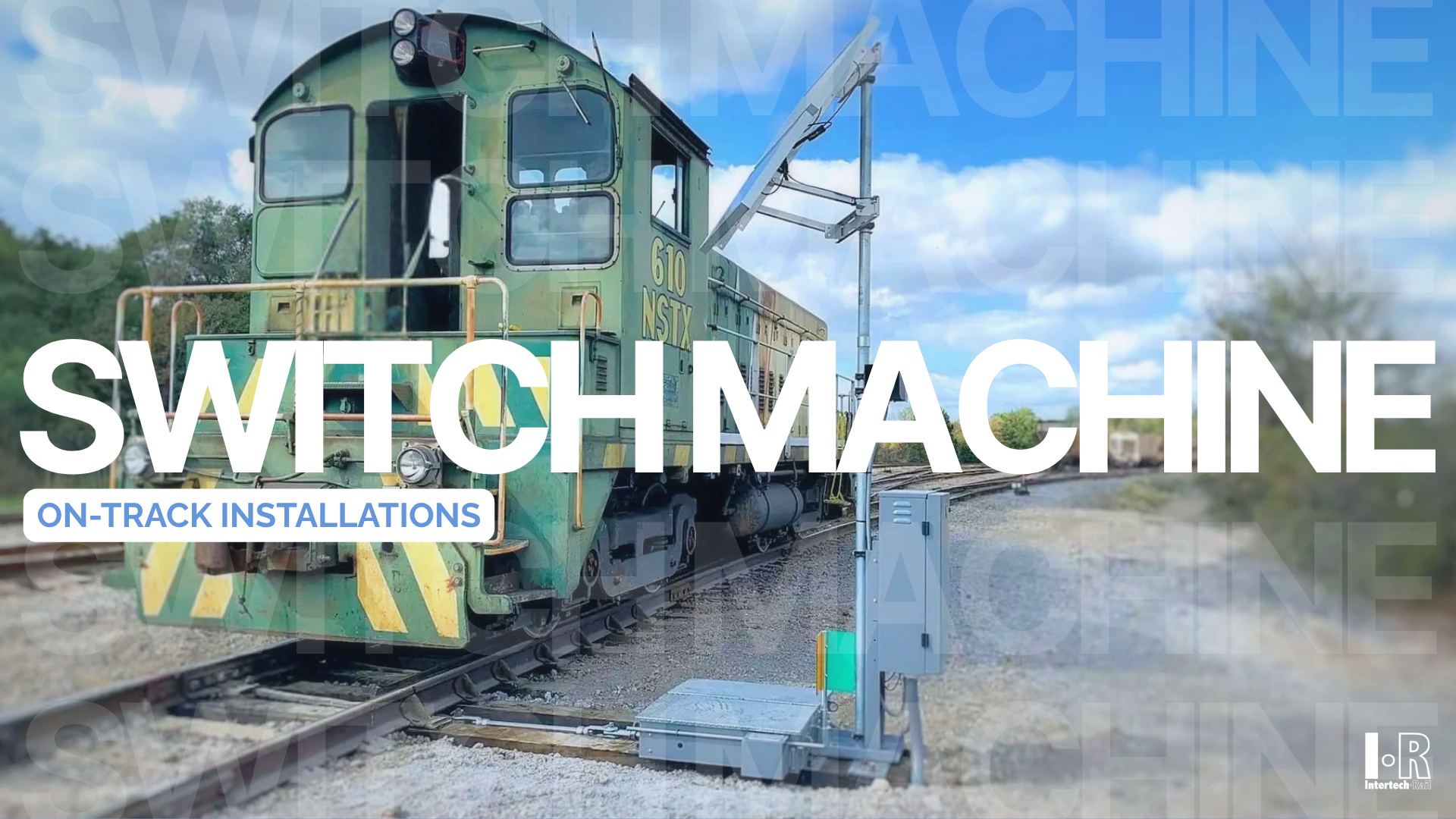 Rail switch machine on tracks under blue sky, On-track installations of the Intertech Rail IRYM-16 hydraulic switch machine