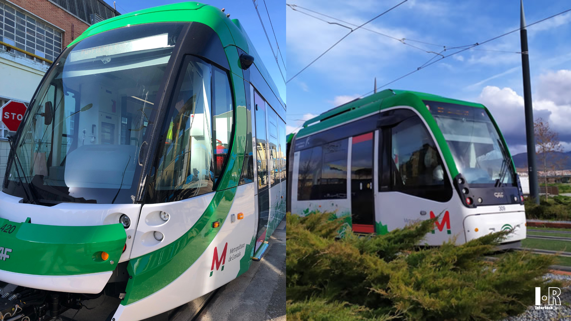 Two green-and-white modern trams on tracks under a blue sky, one close-up and one farther back. Balise System
