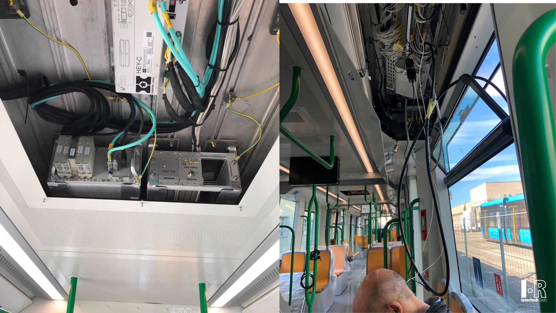 Train interior with exposed ceiling panels and wiring, plus a window view of tracks. Balise System