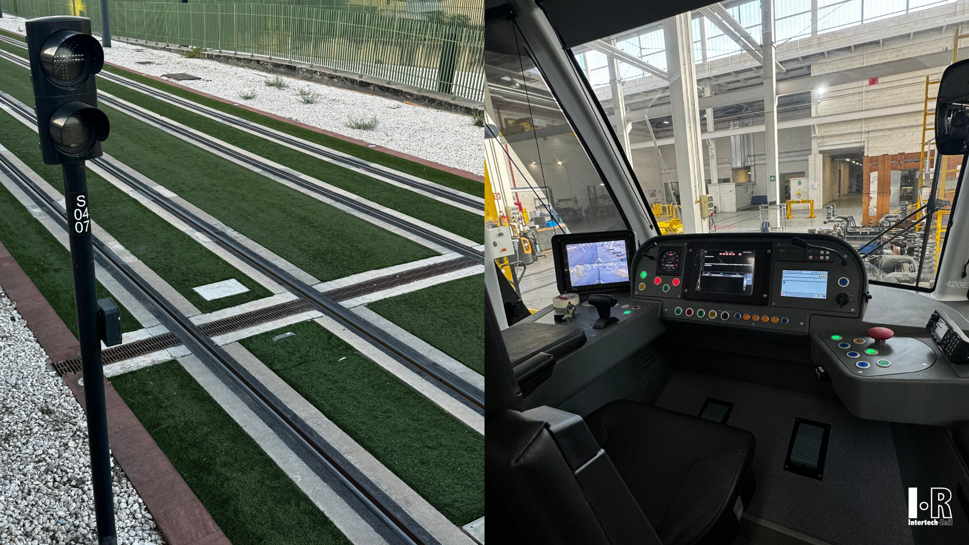 Train cab with control panel overlooking a green-striped rail yard inside a station facility. Balise System