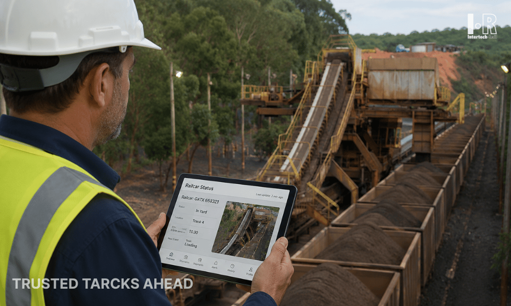 Worker in hard hat views a conveyor belt at a quarry, with “Trusted tracks ahead” text overlay.