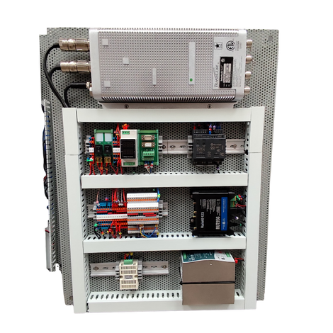Electrical control panel with various components, wiring, and a top-mounted controller.