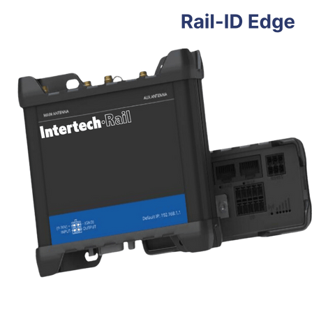 Rail-ID Edge device by Intertech-Rail, black and blue, for railway identification.