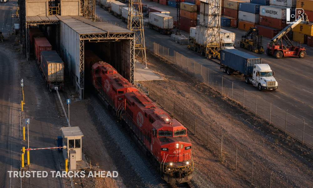 Red freight train exiting a tunnel in an industrial rail yard at dusk, with trucks and containers nearby