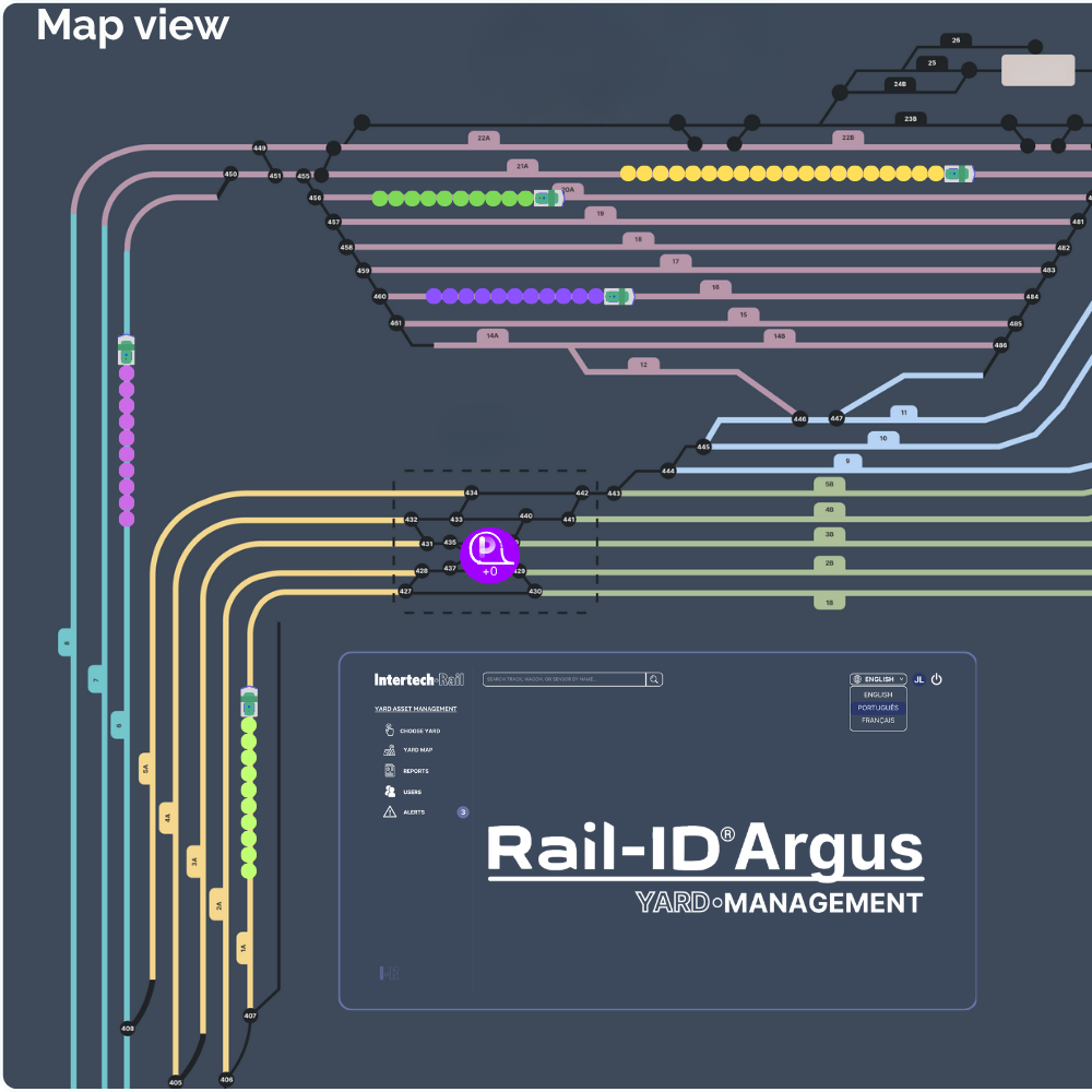 Rail-ID Argus management dashboard with colorful transit-line map on a dark interface
