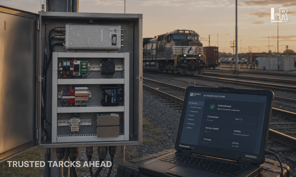 Railway trackside control cabinet beside a laptop monitoring train systems at dusk