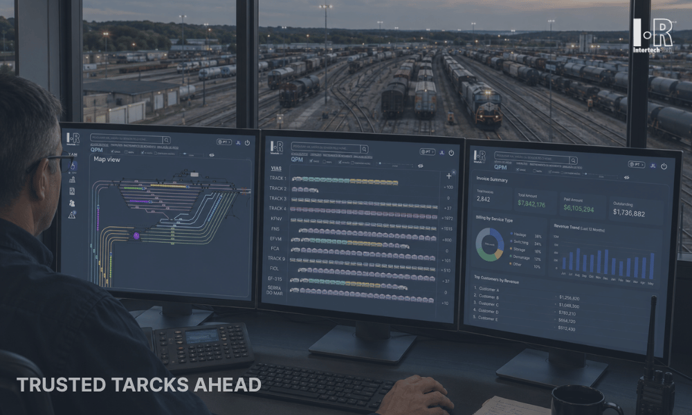 Person monitoring railway tracks from a control room with multiple data screens and a city view at dusk