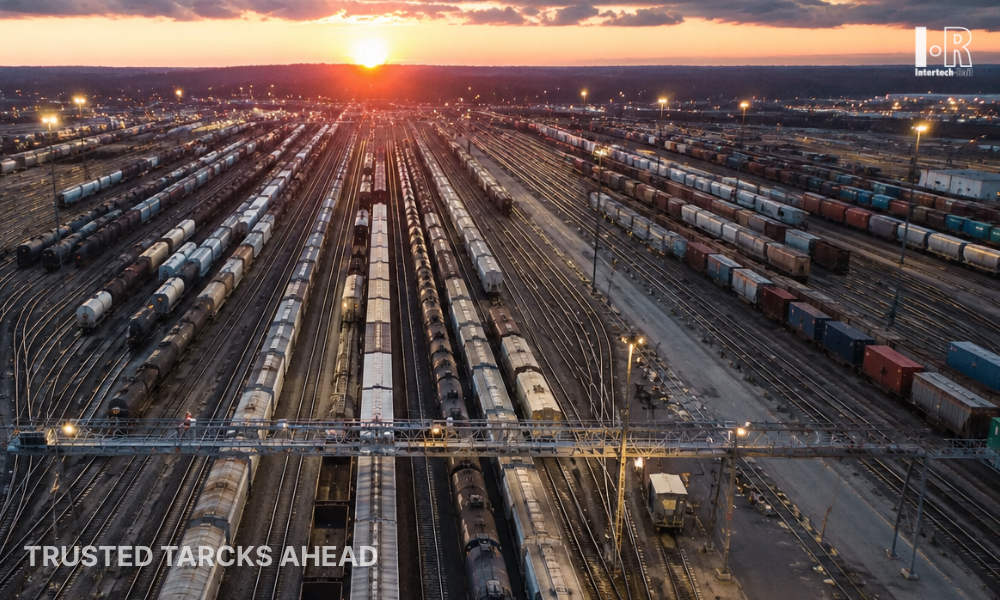 Sunset over a vast freight rail yard with rows of trains and tracks stretching to the horizon.