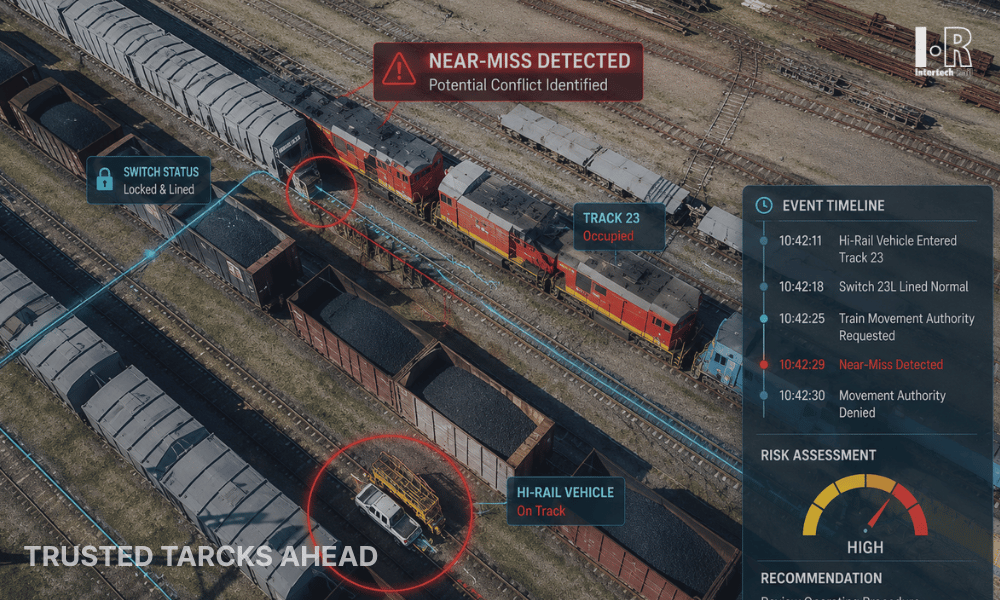 Aerial view of rail yard with red trains and detection overlays highlighting track vehicles and trusted tracks ahead.