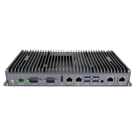 Silver industrial computer with ports and cooling fins.
