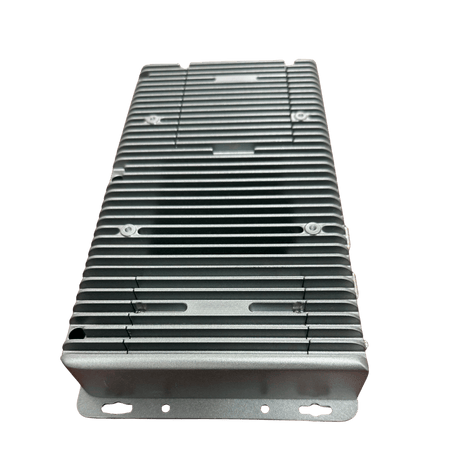 Silver, rectangular metal device with cooling fins, likely for electronics.
