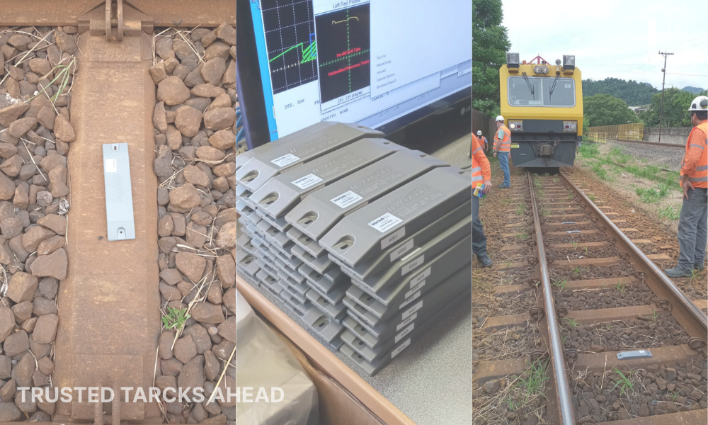 Railway balise is installed on track during maintenance operation