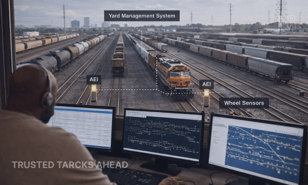 Railway signaling control room with an operator interacting with HMI interface in a safety-critical environment