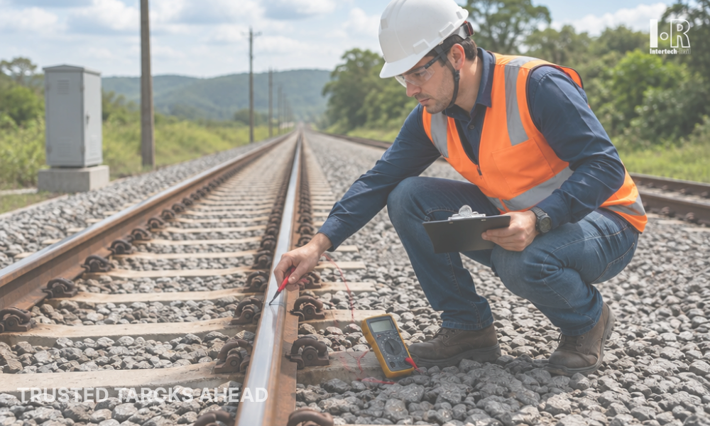  worker in orange safety vest and white hard hat kneels beside tracks, inspecting rail fasteners with a tool