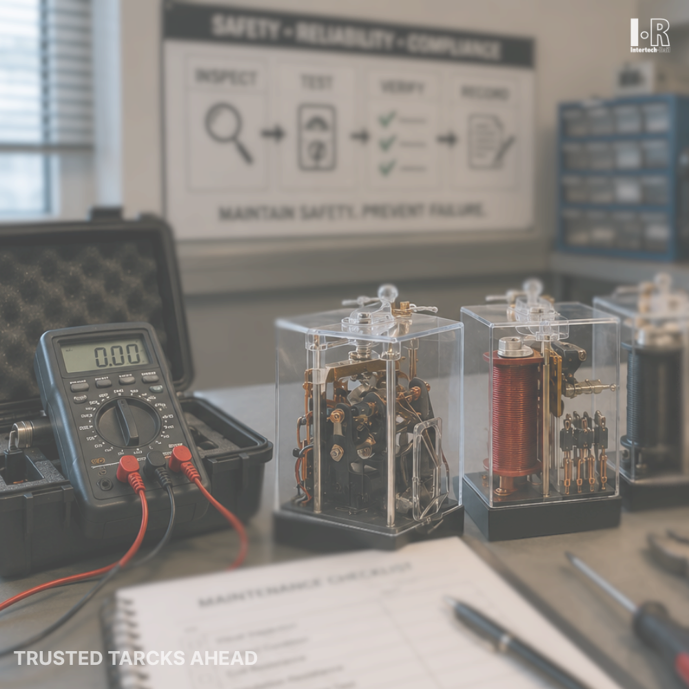 Multimeter and clear electrical relay modules on a desk in a lab or workshop setting