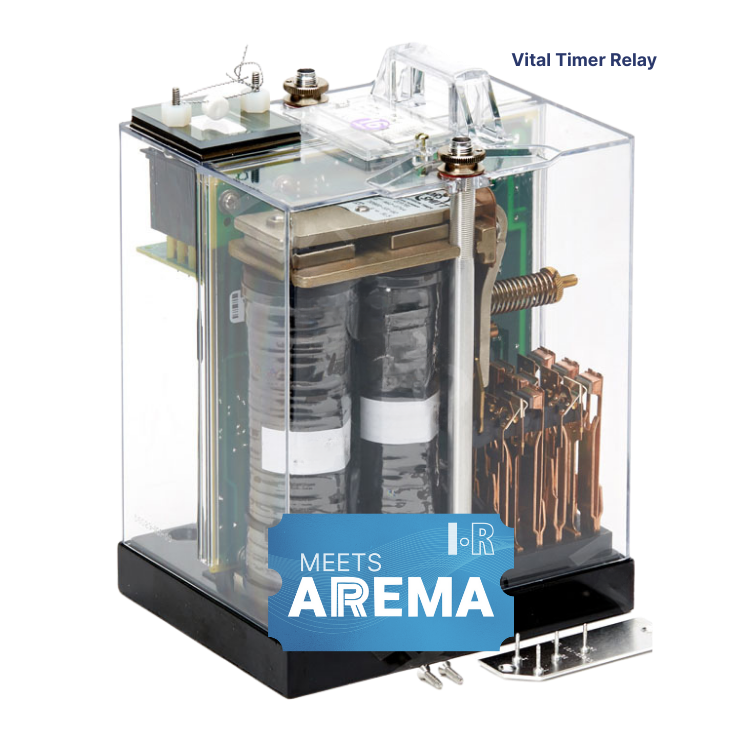 A Vital Timer Relay for railway signaling encased in a clear plastic housing, featuring an AREMA compliance label.