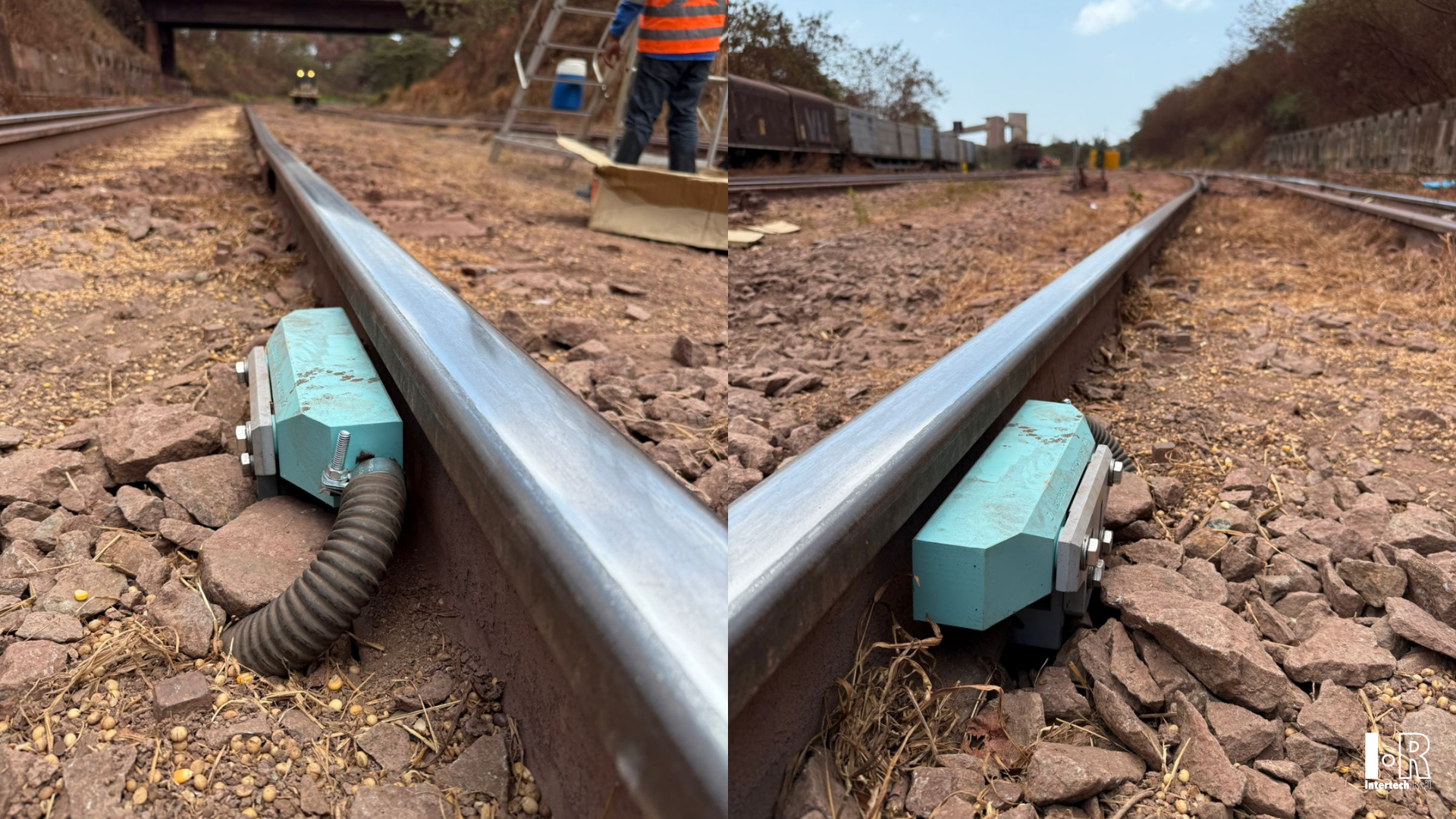 Close-up of railway tracks meeting at a steel switch point on gravel, with electrical track components beside them, Wheel sensor for railway level crossing activation by Intertech Rail