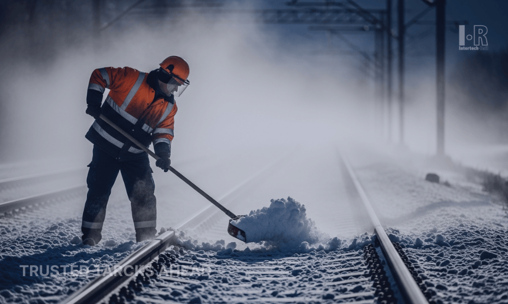 Railway signaling equipment operating in snowy winter conditions with ice and low temperatures affecting trackside systems