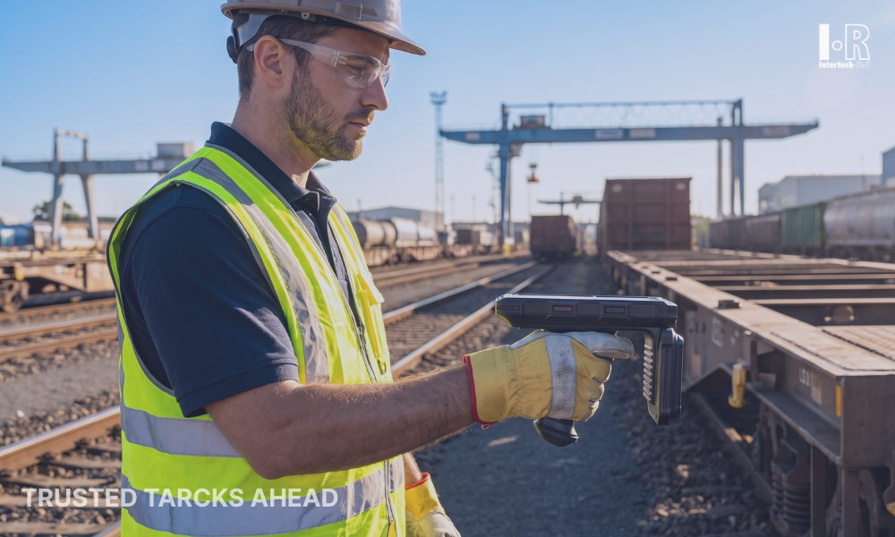 Rail worker in a hard hat and safety vest inspecting tracks at a rail yard using Model X