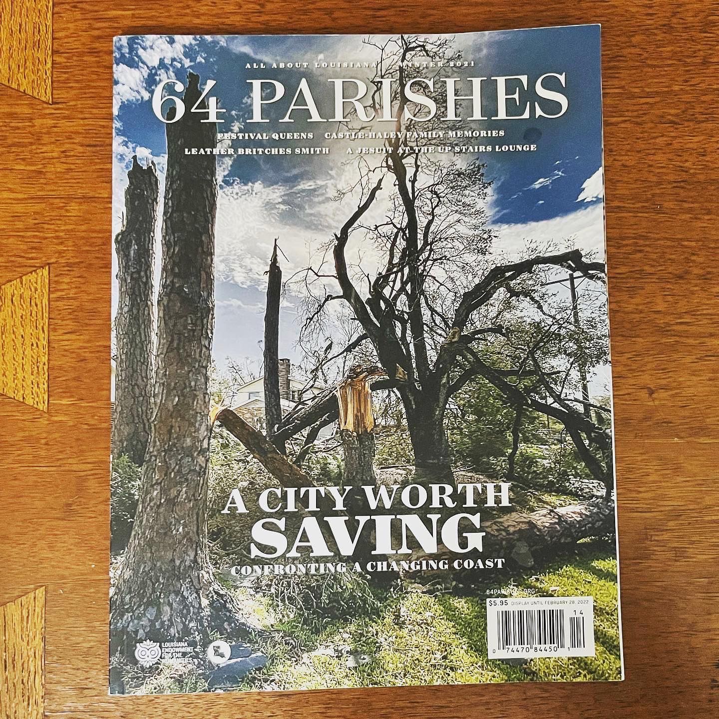 64 Parishes magazine cover of a broken trees and hurricane debris with the cover story title 