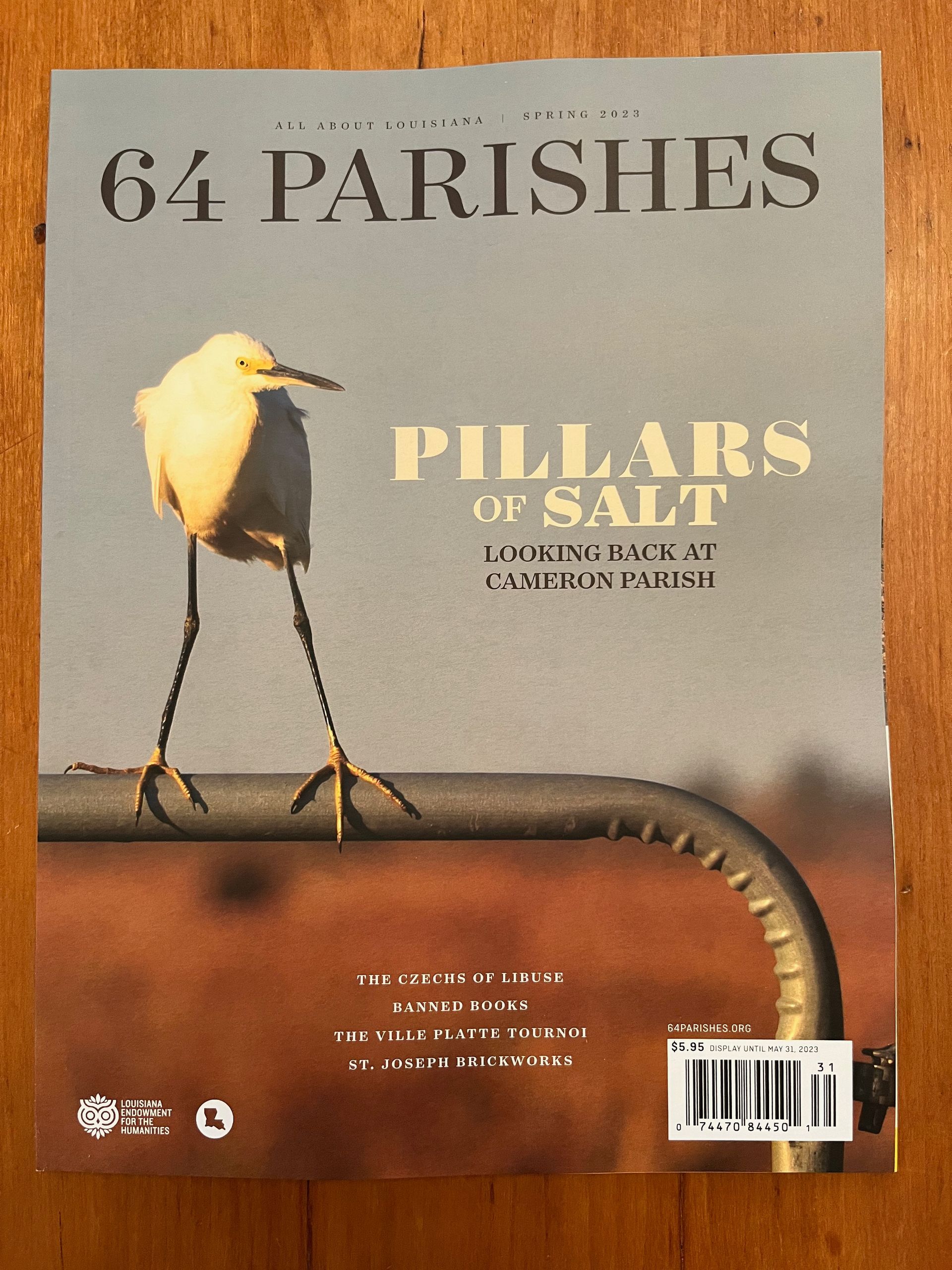 64 Parishes magazine cover of a white egret in a coastal field with the cover story title 