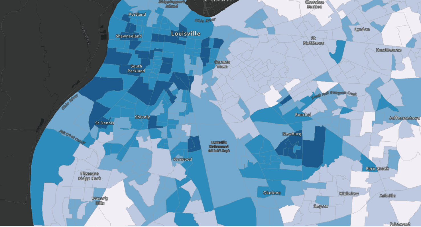 Map of Louisville, Kentucky showing areas of environmental disparities in dark navy and environmental privilege in light blue