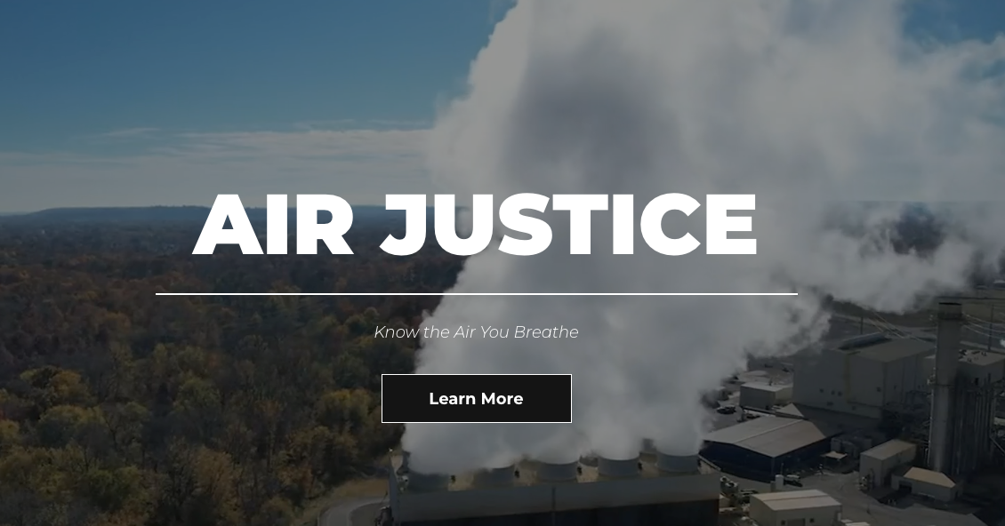 Cover image of the Air Justice website with the group name in white and an industrial cloud of smoke in the background
