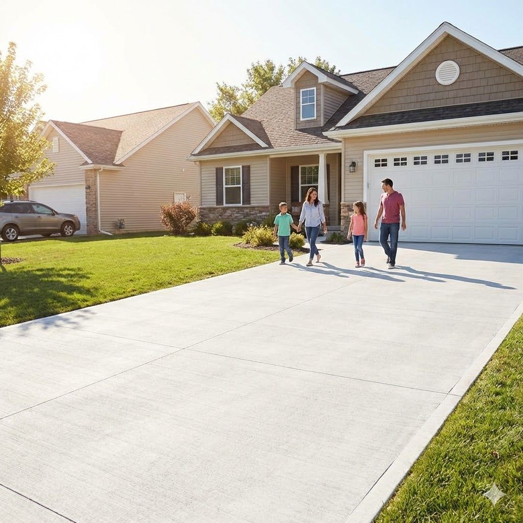 A family of four walking together on the concrete driveway toward their two-story suburban home on a sunny day.